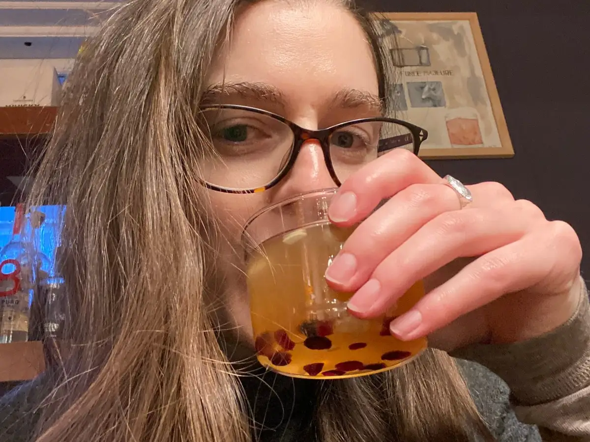 Katie drinking Glogg in Aarhus, Denmark